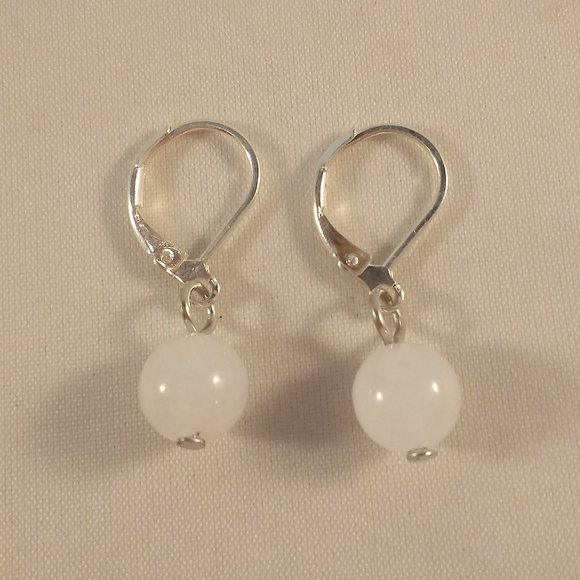 Silver Natural 8mm White Jade Gemstone Bead Dangle Earrings AAA Party Gift - Picture 2 of 2